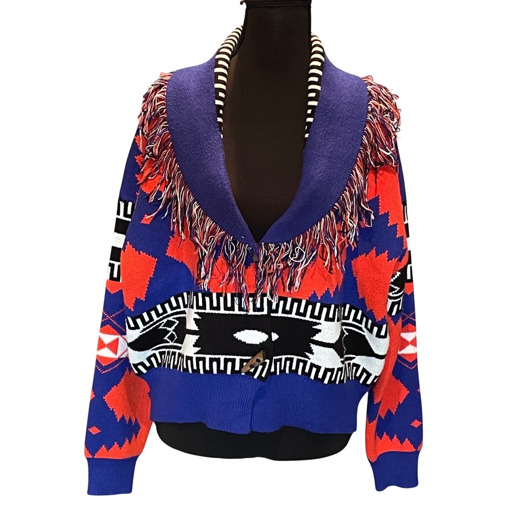 VICI Fair Aisle Blue Orange Geometric Southwestern Fringe Cardigan S Boho